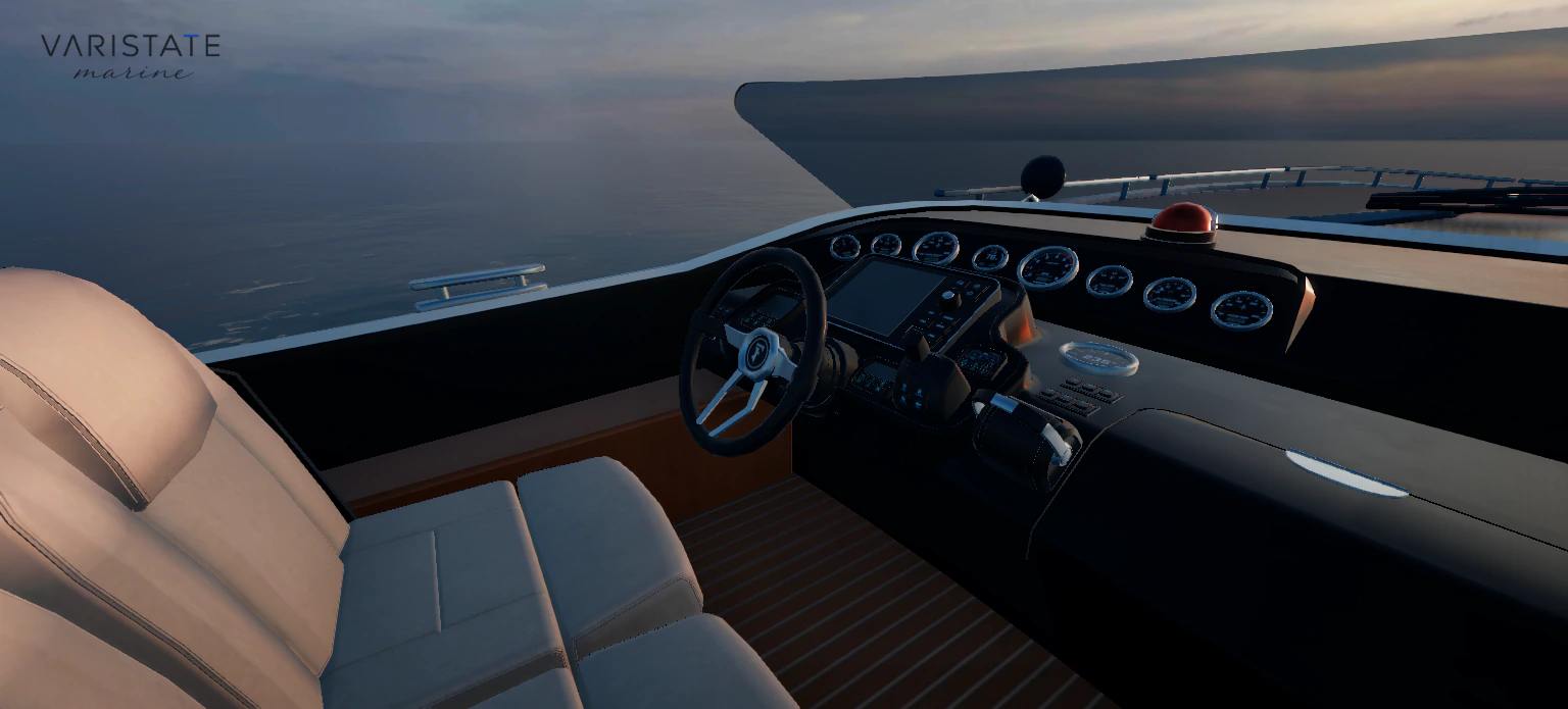 Yacht helm camera showing the wheel, instruments, throttle, and horizon through the windscreen.