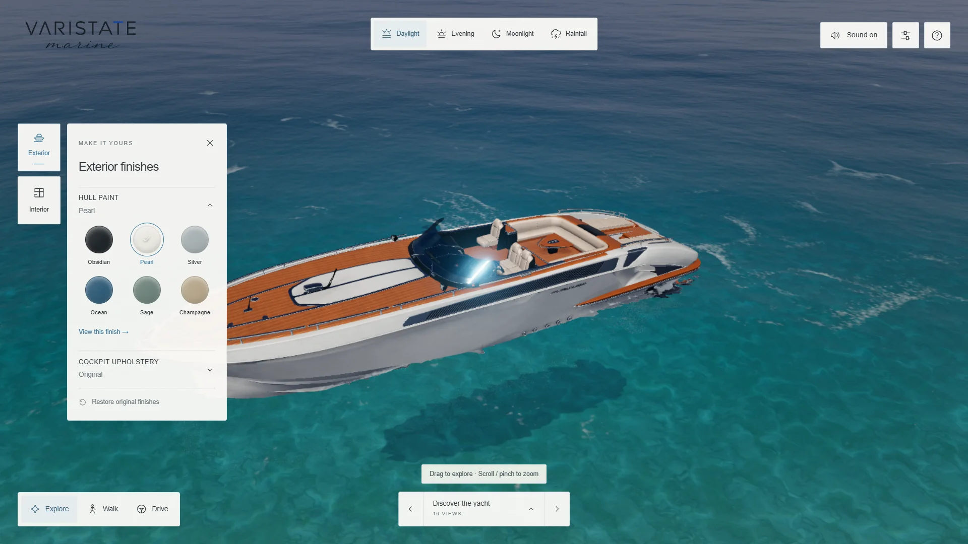 Elevated view of the yacht underway on open water with exploration controls visible.