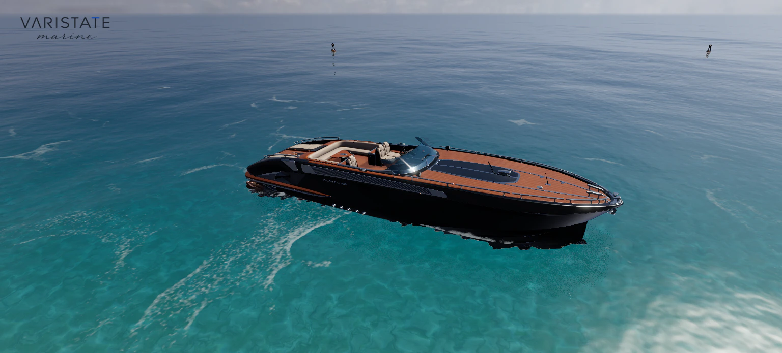 Black sport yacht with teak decking on turquoise water in VariState Marine.