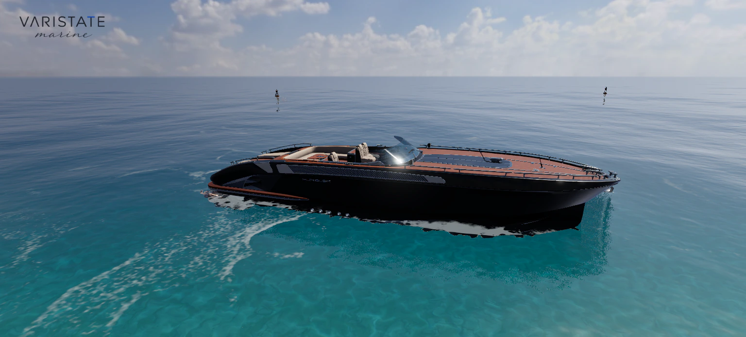 Broadside view of the black and teak yacht above a turquoise waterline.