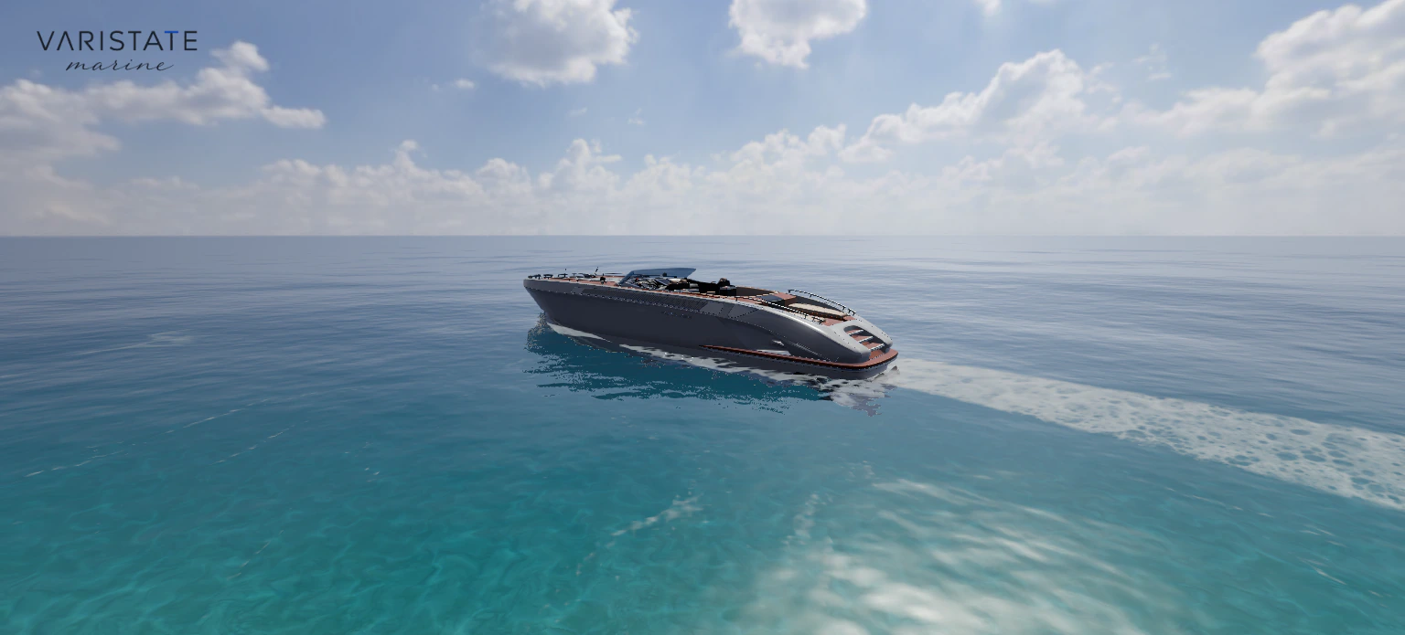 Dark yacht underway on calm blue water with a pale wake spreading behind it.