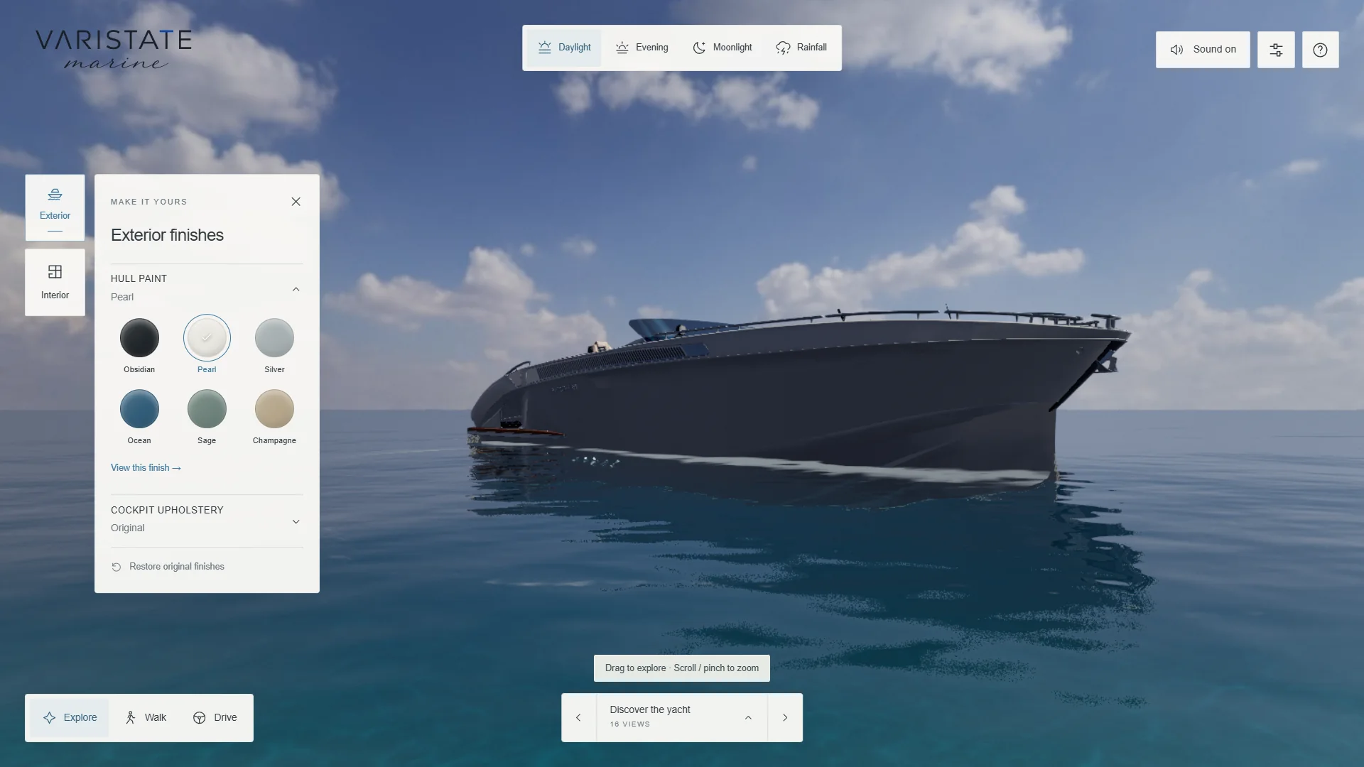 Low waterline view of the yacht bow and hull in the ocean scene.